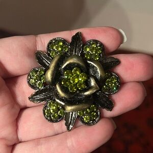 Vintage Style Floral Brooch or Pendant with Green Rhinestones
